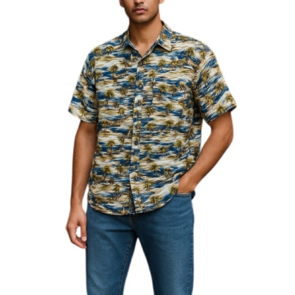 MBX Mens Paradise Shirt Short Sleeve Button Up Blue Green Cotton Hawaiian Size M - Picture 1 of 11